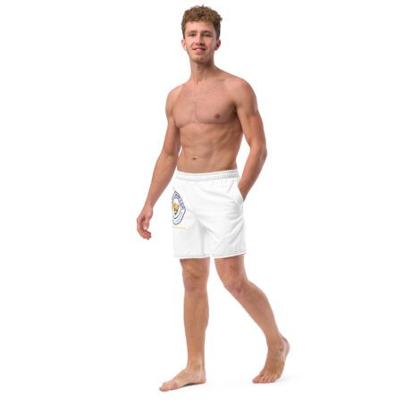 A man wearing Men's swim trunks in white.