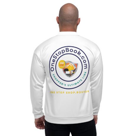 The back of a man wearing a white sweatshirt that says stop books com, paired with an Unisex Bomber Jacket.