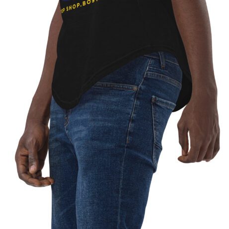 A man wearing a black Men's Curved Hem T-Shirt and jeans.