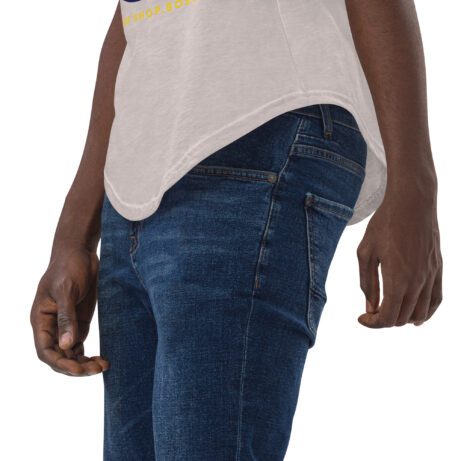 A man wearing a Men's Curved Hem T-Shirt and jeans.