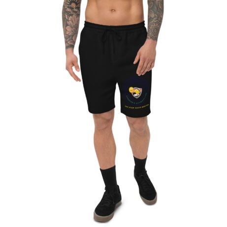 A man wearing men's fleece shorts with tattoos.