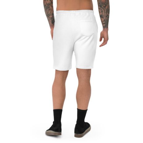 The back view of a man wearing white Men's Fleece Shorts with tattoos.