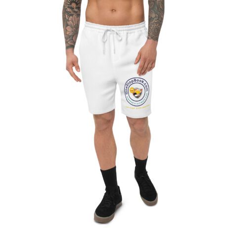 A man wearing Men's fleece shorts with a logo on it.