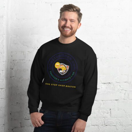 A man donning an Unisex Sweatshirt featuring a colorful logo.