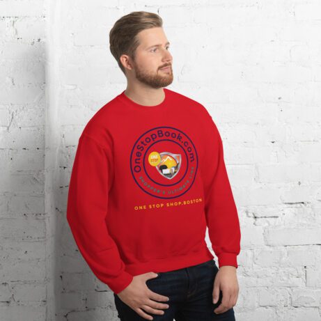 A man wearing the Unisex Sweatshirt with a logo on it.
