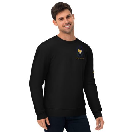 A man wearing a black Unisex eco sweatshirt with an embroidered logo.