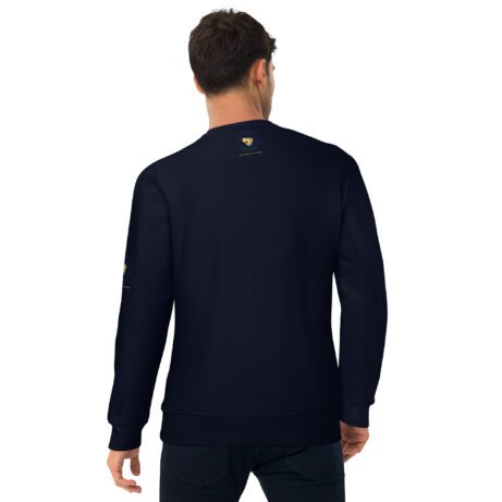 The back view of a man wearing a navy unisex eco sweatshirt.