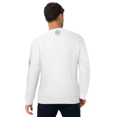 The back view of a man wearing an Unisex eco sweatshirt.