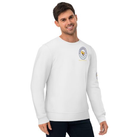 A man wearing a white Unisex eco sweatshirt with a crest on it.