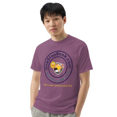 A man wearing a purple unisex garment-dyed heavyweight t-shirt with a dog on it.