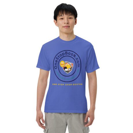 A young man wearing a blue Unisex Garment-Dyed Heavyweight T-shirt with a yellow logo.
Product Name: Unisex garment-dyed heavyweight t-shirt