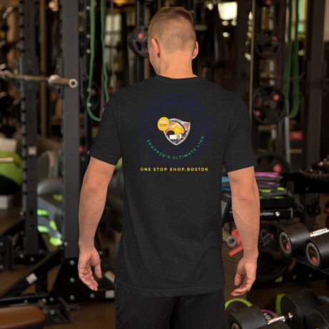 A man in a gym wearing an Unisex T-shirt.