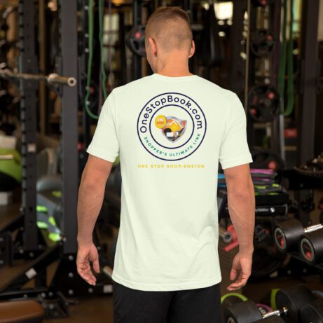 A man standing in a gym wearing a white Unisex t-shirt.