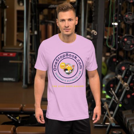 A man standing in a gym wearing a purple Unisex t-shirt.