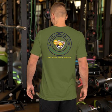 The back of a man in a gym wearing a green Unisex t-shirt.