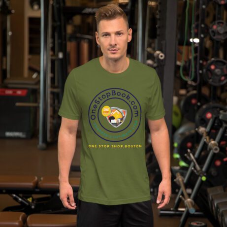 A man standing in a gym wearing a green Unisex T-shirt.