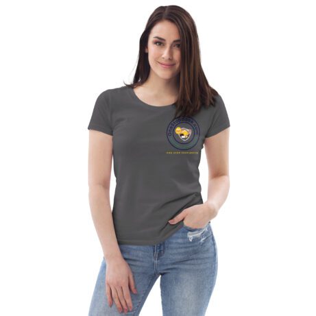 A woman wearing a Women's Fitted ECO Tee with a yellow logo.