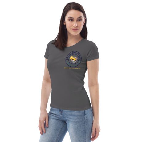 A Women's Fitted ECO Tee in grey with a yellow logo.