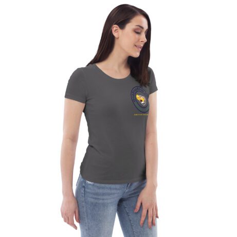 A woman wearing jeans and a gray Women's Fitted ECO Tee wore the Women's Fitted ECO Tee.