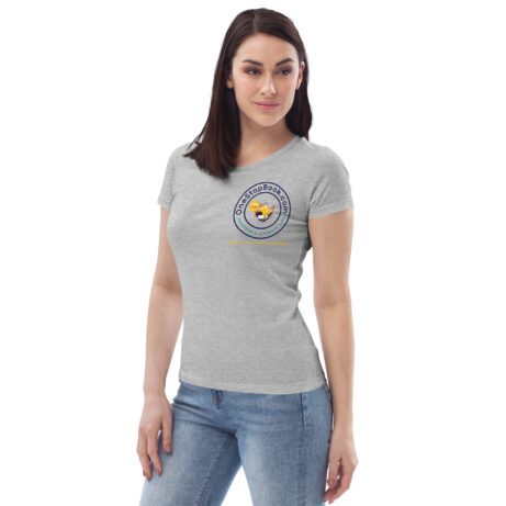 A Women's Fitted ECO Tee grey t-shirt with a blue and yellow logo.