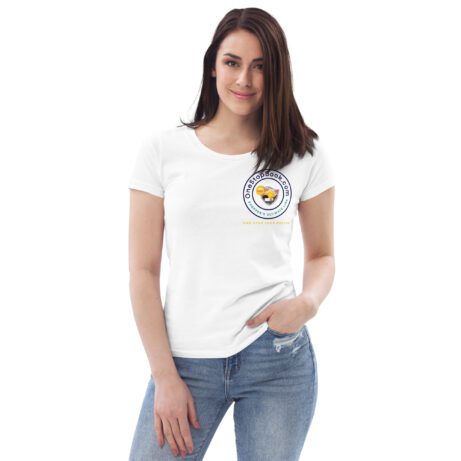 A woman wearing a Women's Fitted ECO Tee with a logo on it.