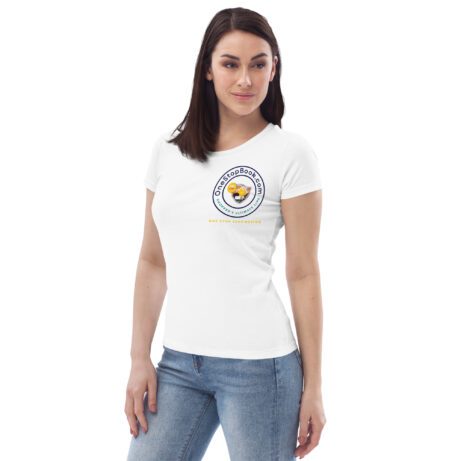 A women's fitted white Women's Fitted ECO Tee with a smiley face on it.