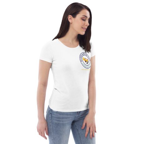 A woman wearing a white Women's Fitted ECO Tee.
